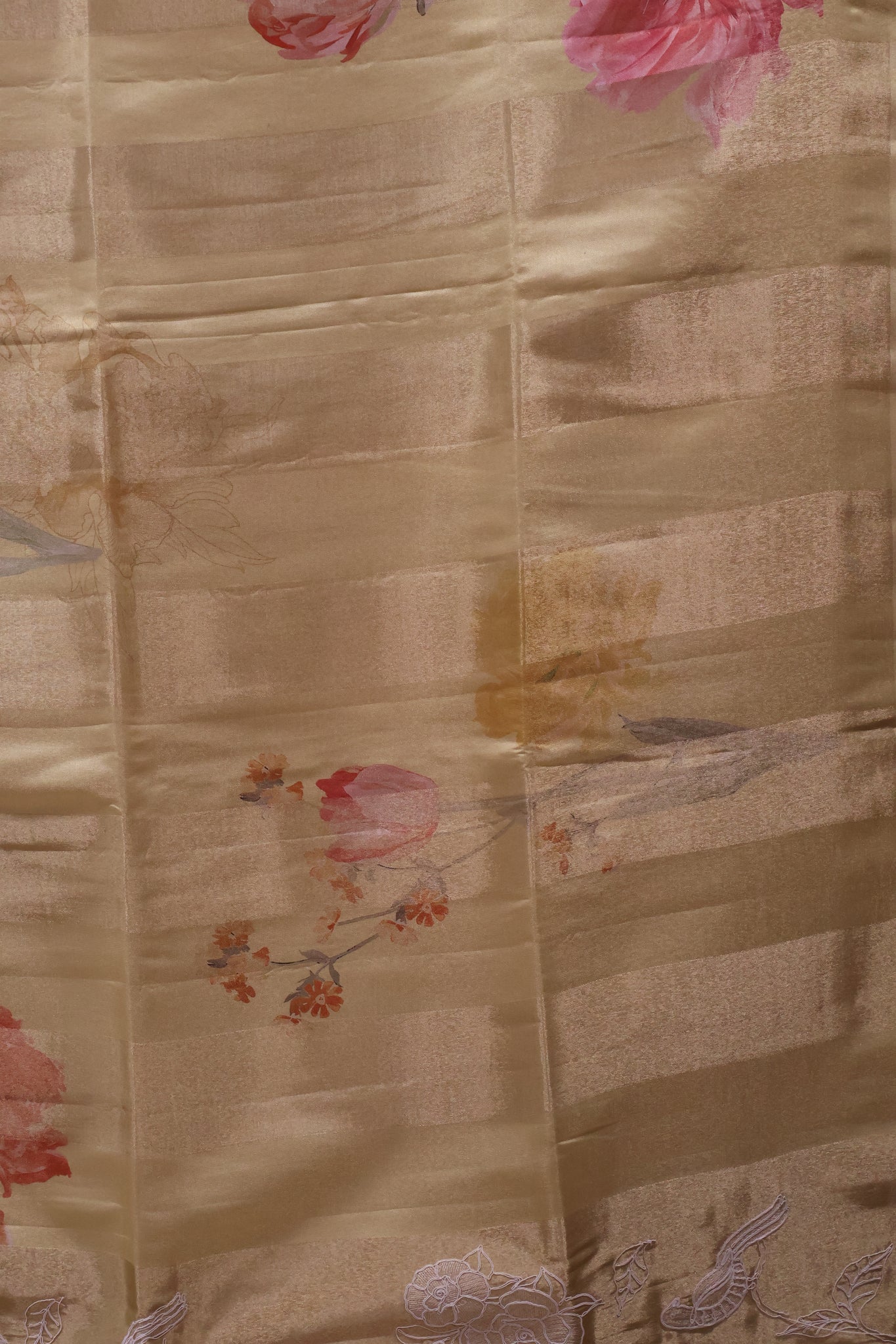 Tissue Linen Saree-Mustard Flower With Sparrow Embryoid