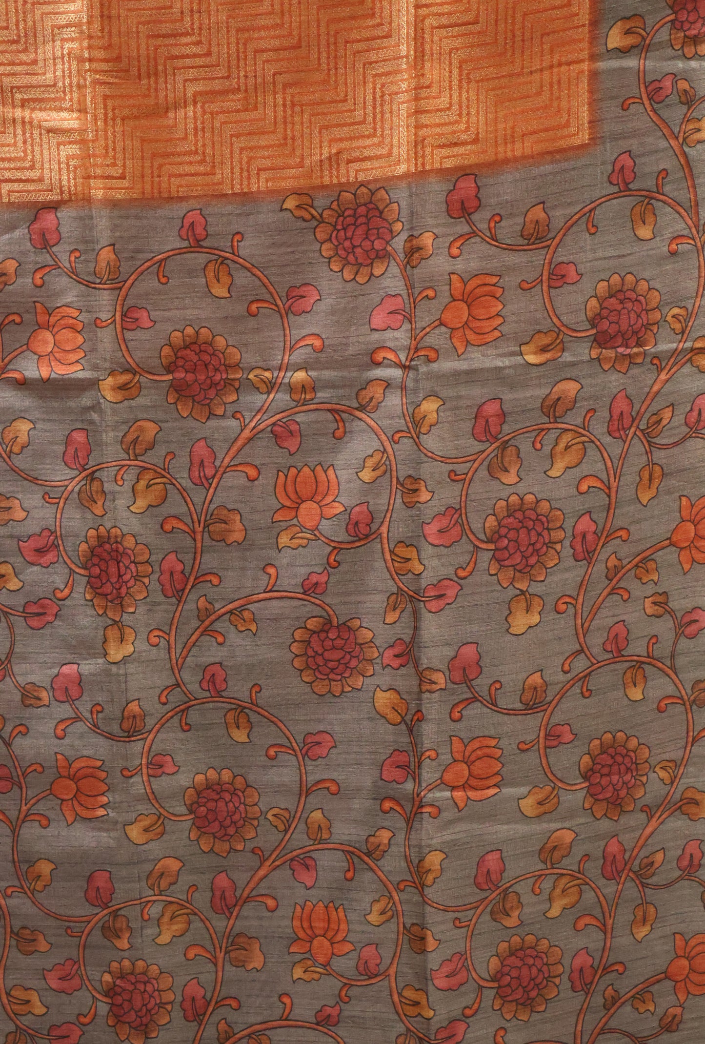 Fushion Kanjivaram Silk Saree-Orange Zig Zag Zari