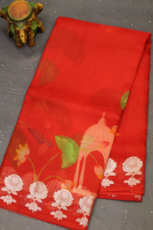 Pure Organza Saree-Red Rose Zari