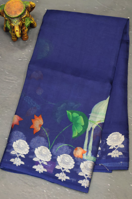 Pure Organza Saree-Peacock Blue Rose Zari