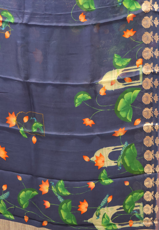 Pure Organza Saree-Peacock Blue Rose Zari