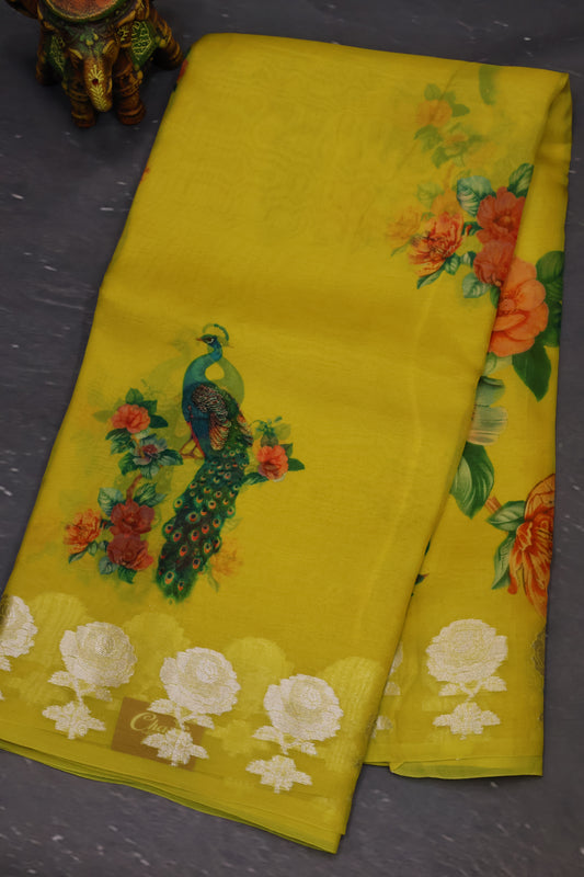 Pure Organza Saree-Lime Yellow Rose Zari