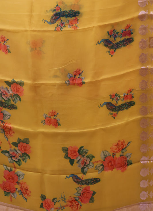 Pure Organza Saree-Lime Yellow Rose Zari