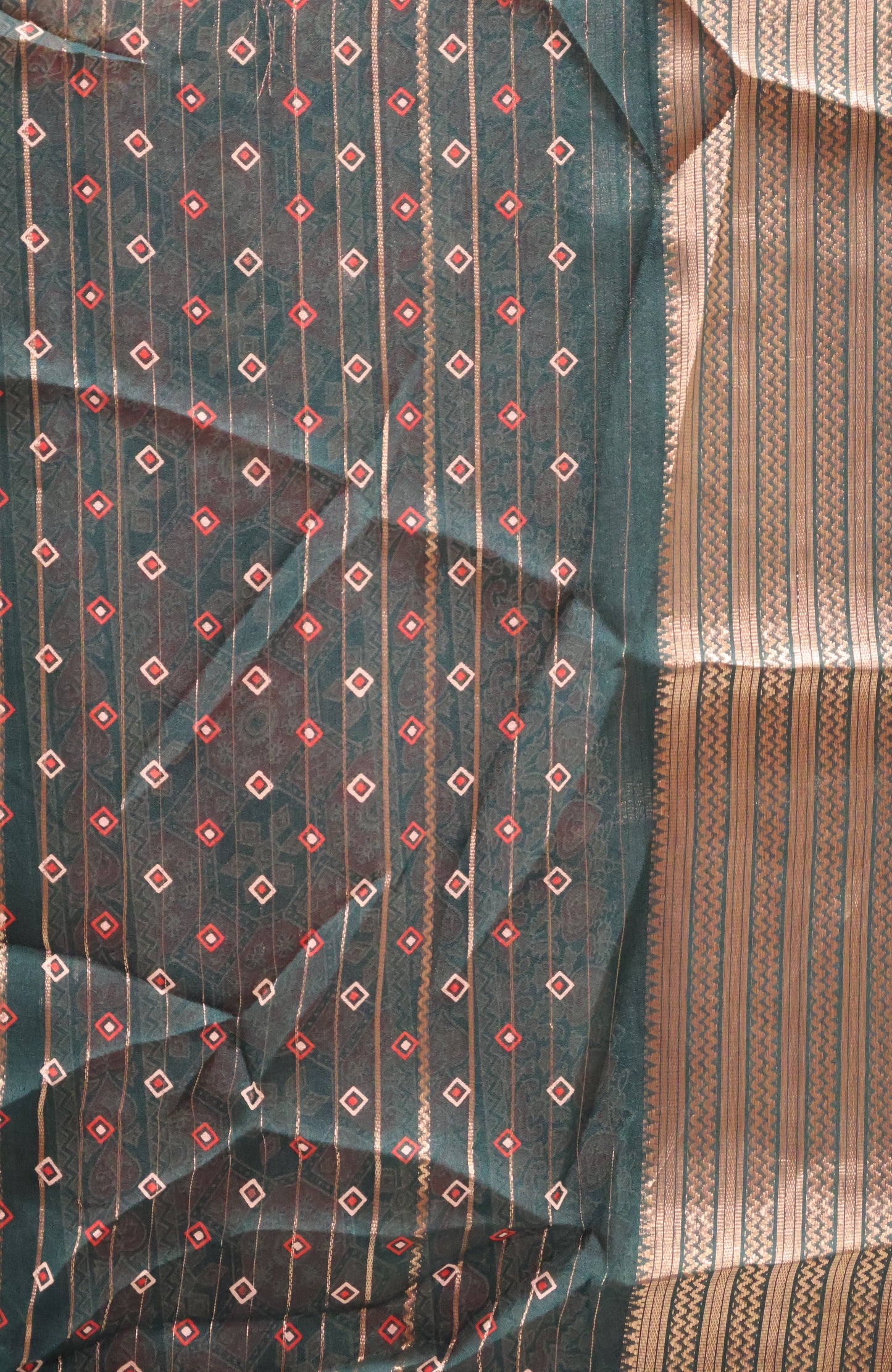 Shiffon Saree-Bottle Green Body Line ajrakh