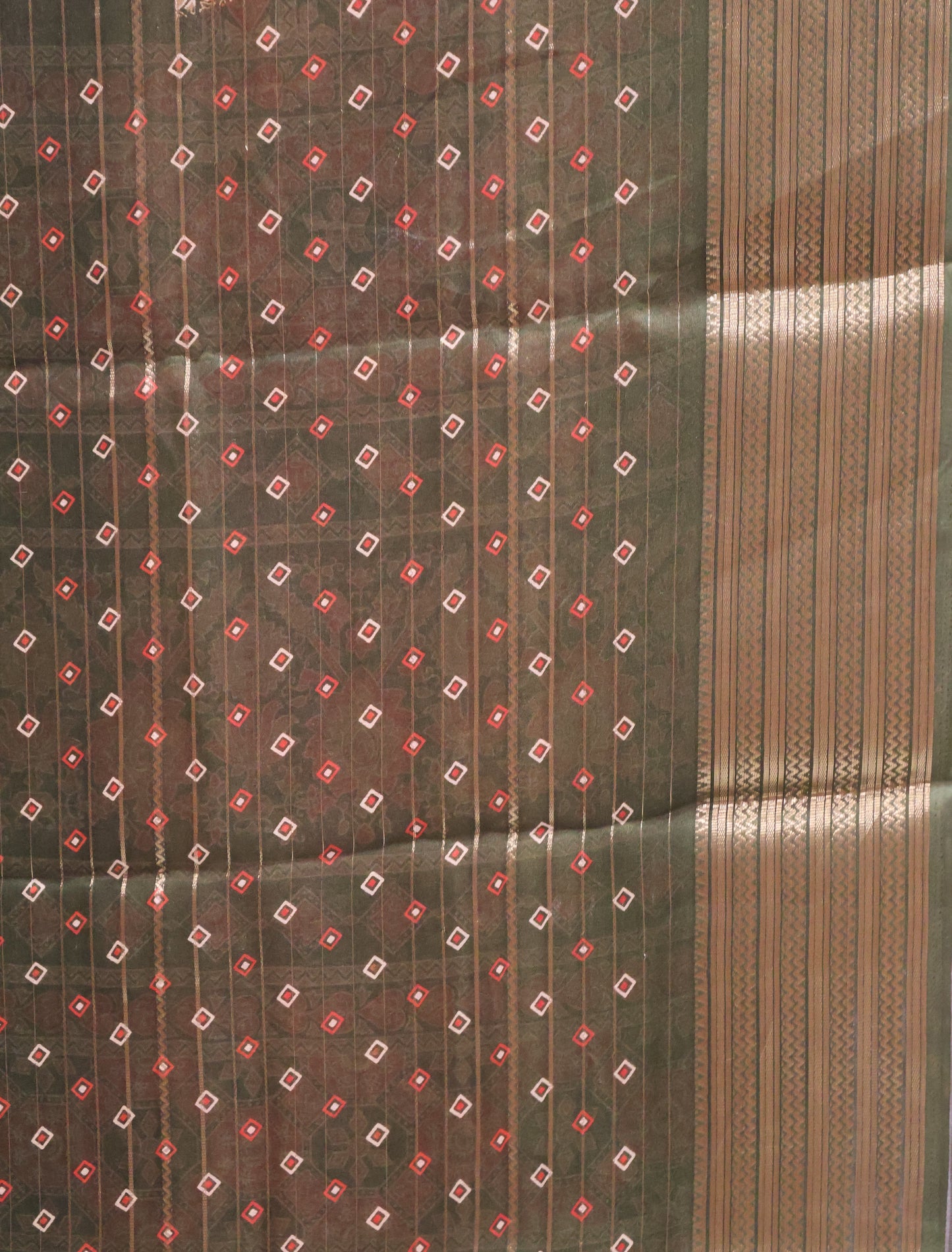 Shiffon Saree-Olive Green Body Line ajrakh