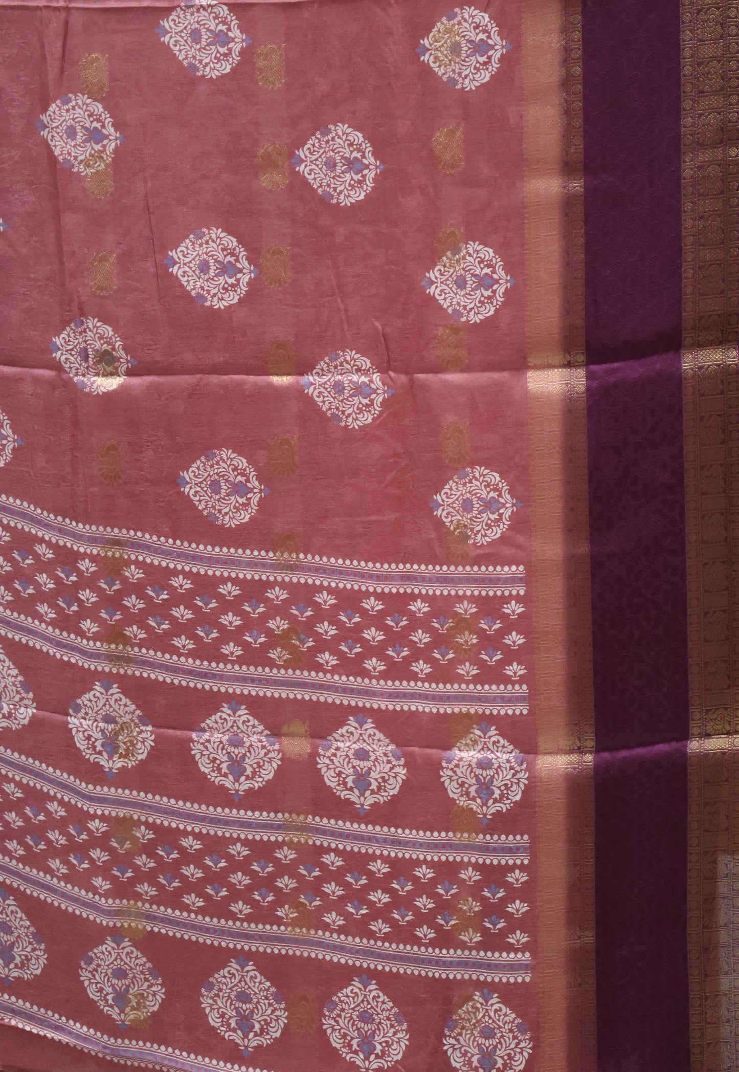 Semi Dola Silk Saree-Purple Print Dark Double Border