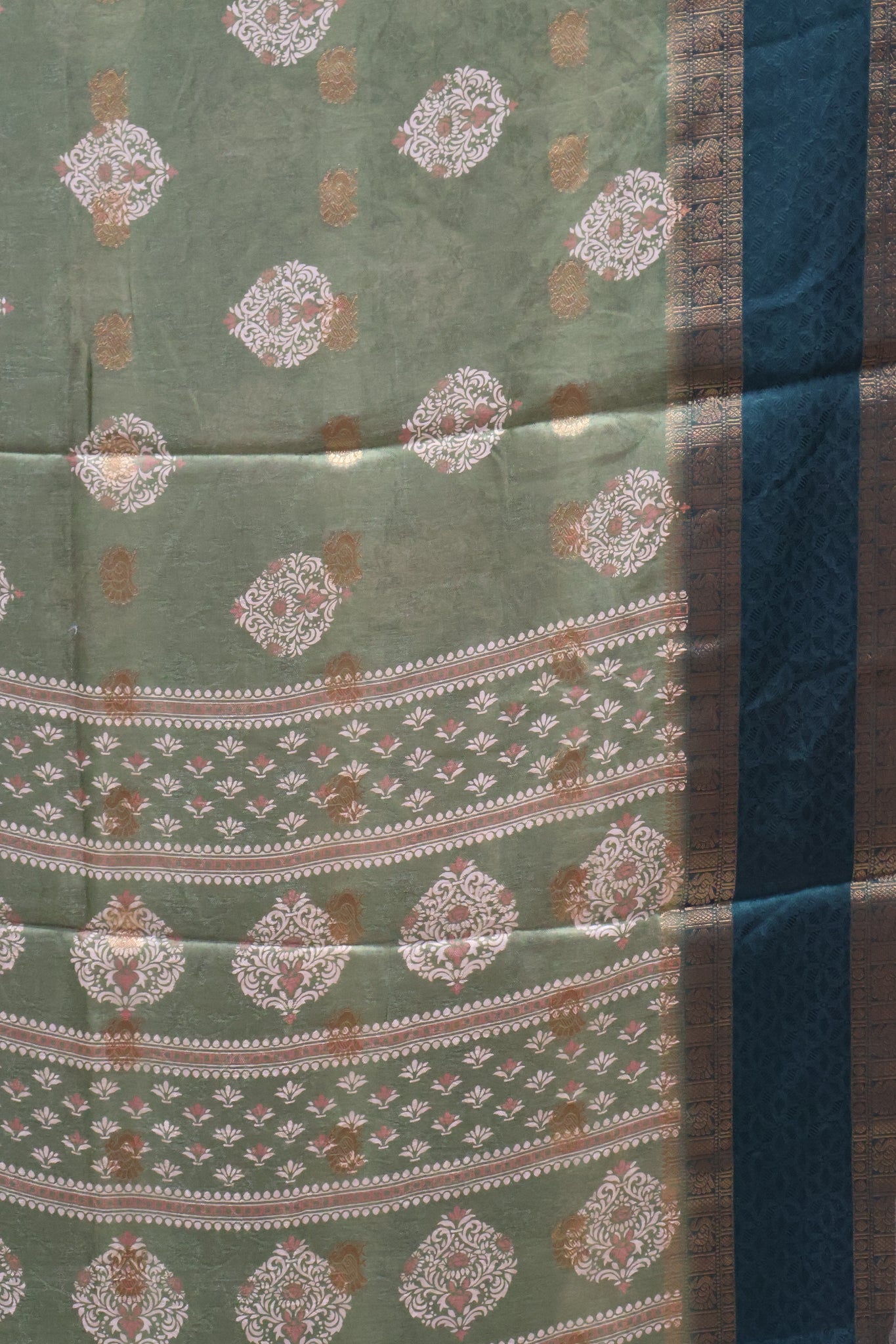 Semi Dola Silk Saree-Green Print Dark Double Border