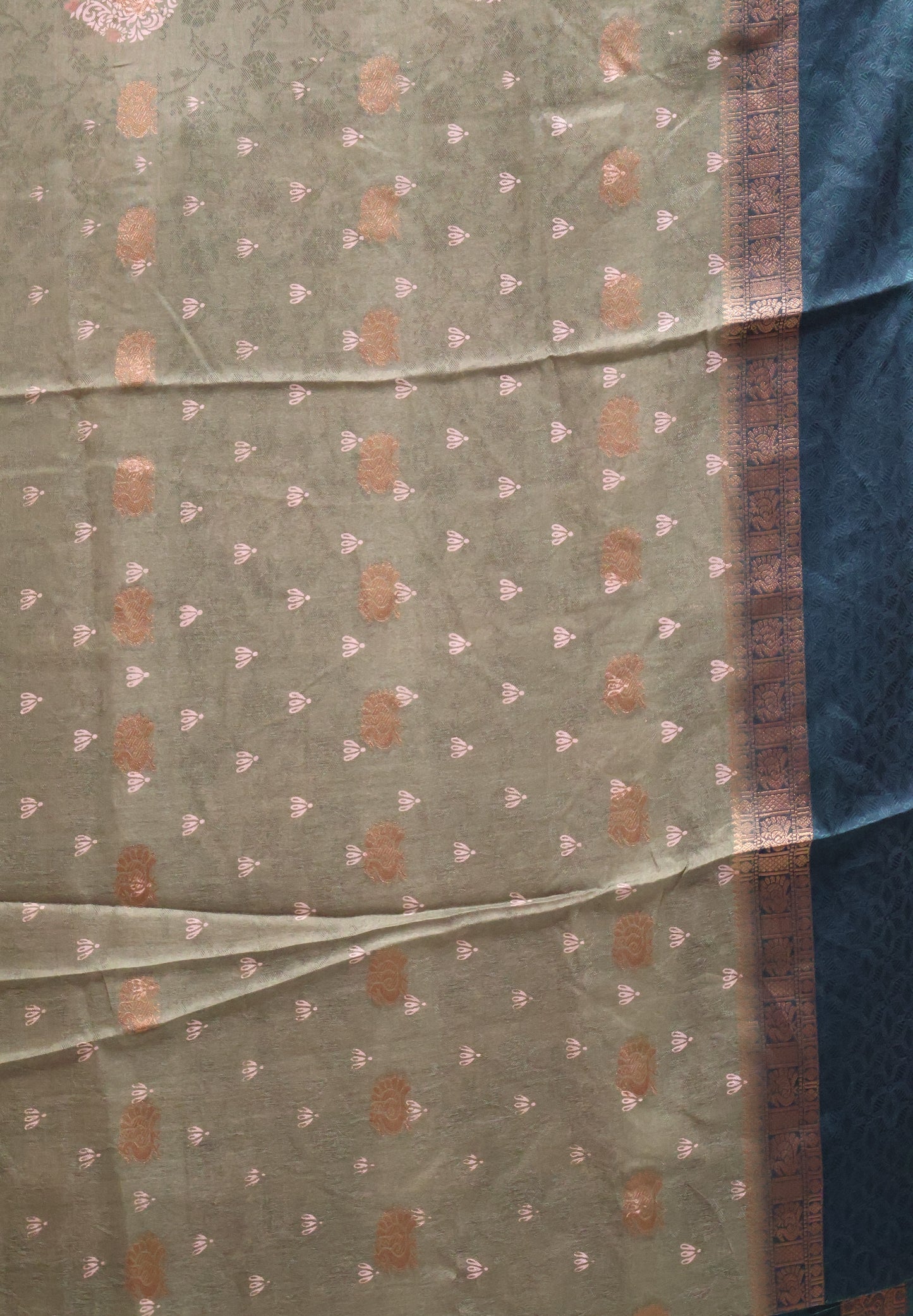 Semi Dola Silk Saree-Green Print Dark Double Border