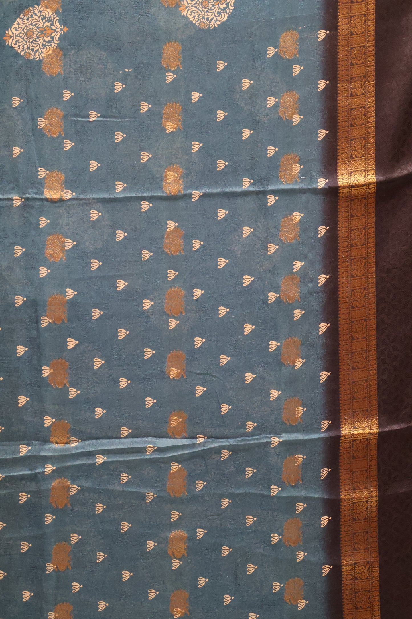 Semi Dola Silk Saree-Peacock Blue Print Dark Double Border