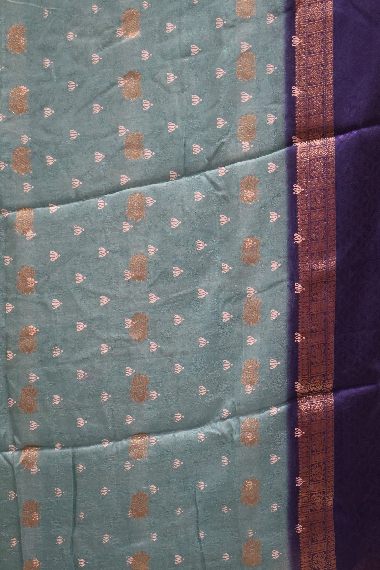 Semi Dola Silk Saree-Metalic Green-Blue Print Dark Double Border
