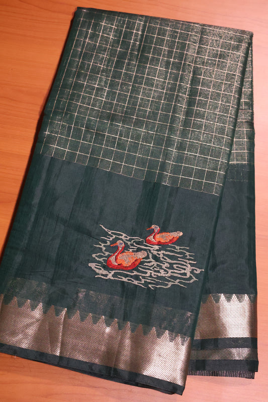 Mangal Giri Silk Saree-Green Swan Print