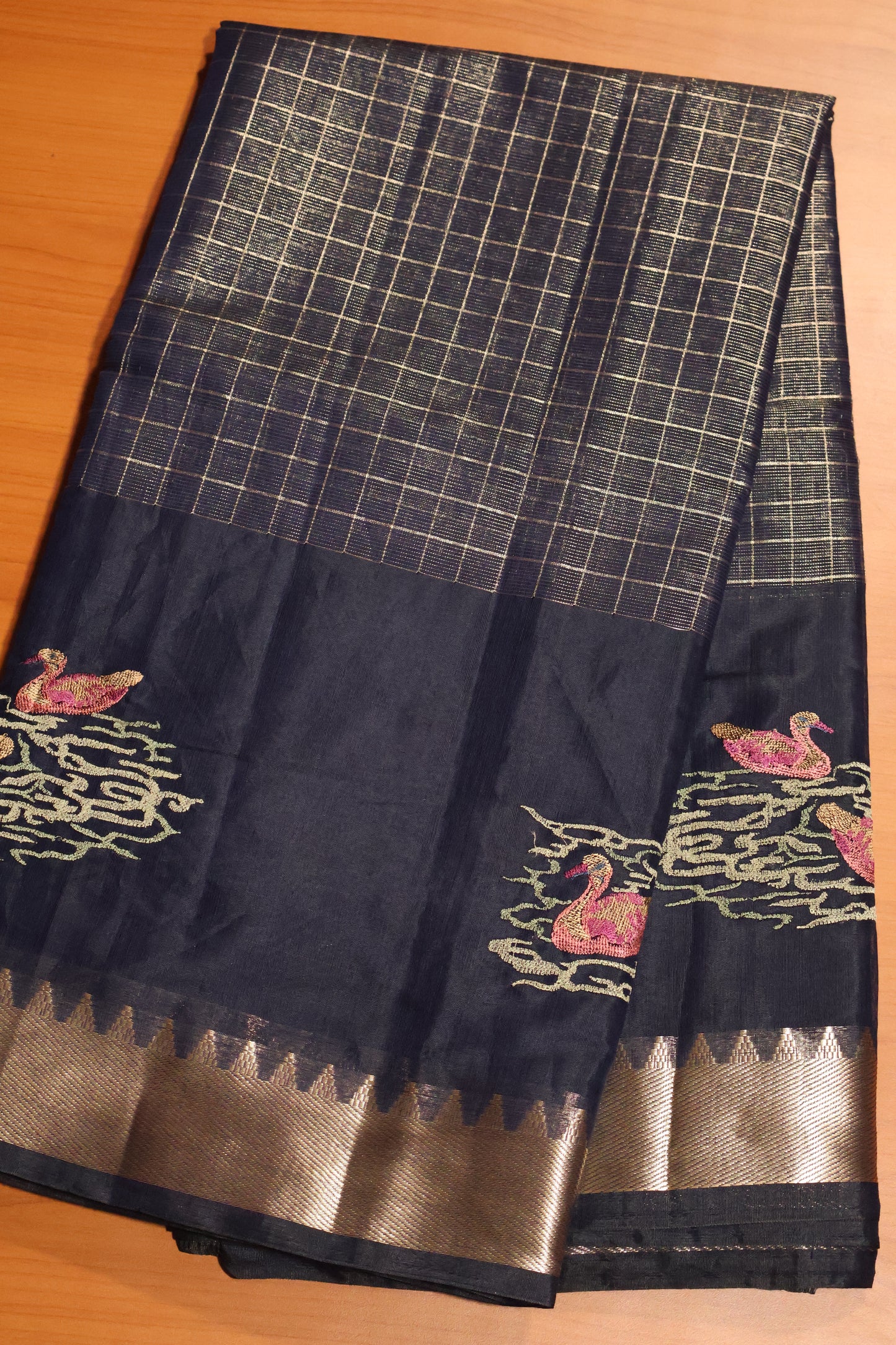 Mangal Giri Silk Saree-Navy Blue Swan Print