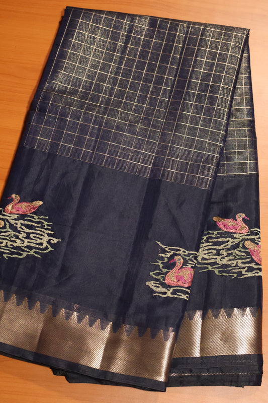 Mangal Giri Silk Saree-Navy Blue Swan Print