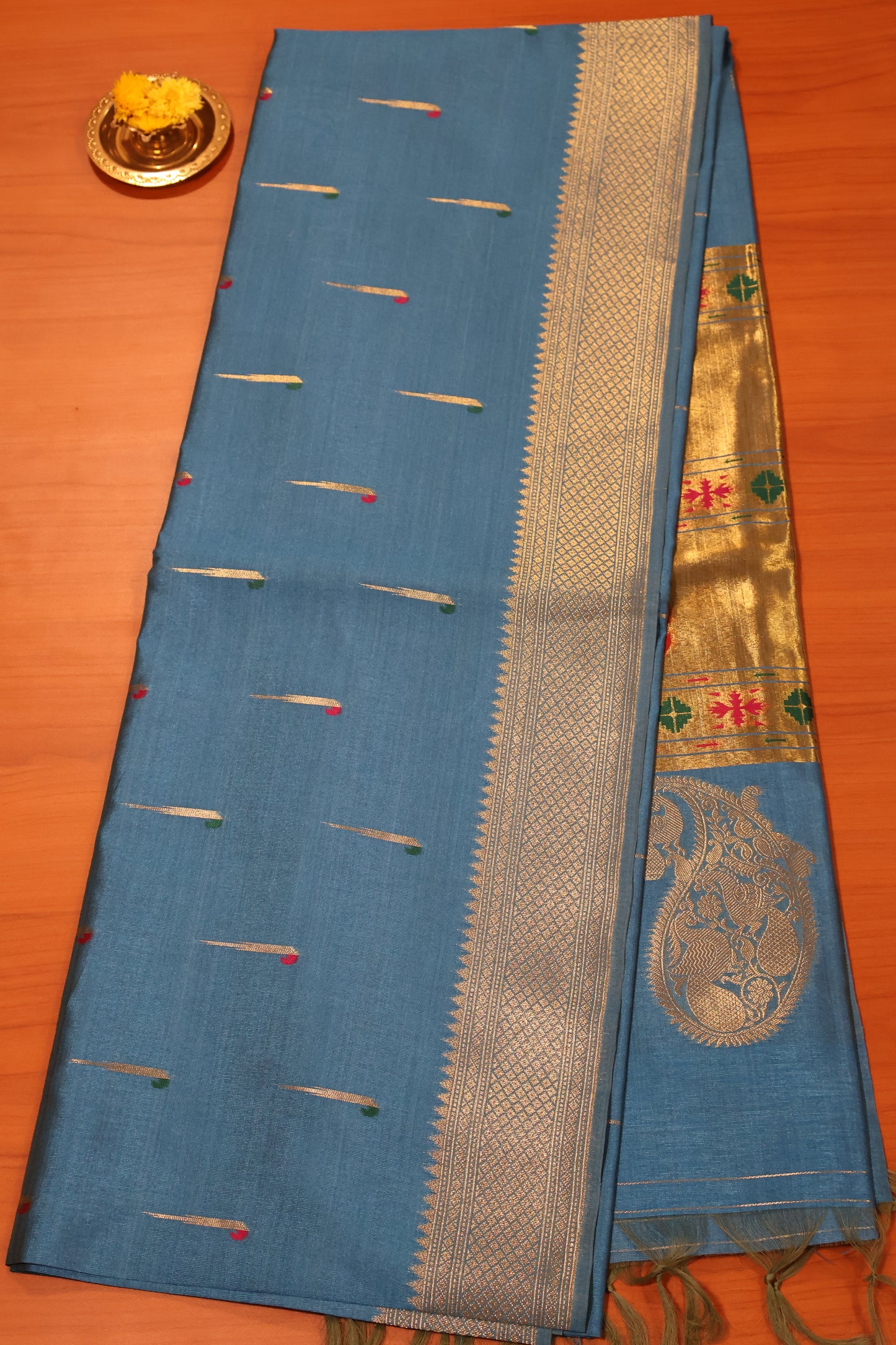 Soft Tussar Saree-Blue Paithani Design