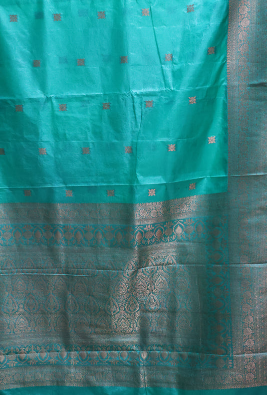 Semi Katan Silk Saree- Peacock Green Leaf Flower