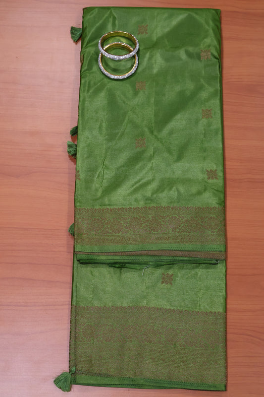 Semi Katan Silk Saree-Olive Green Leaf Flower