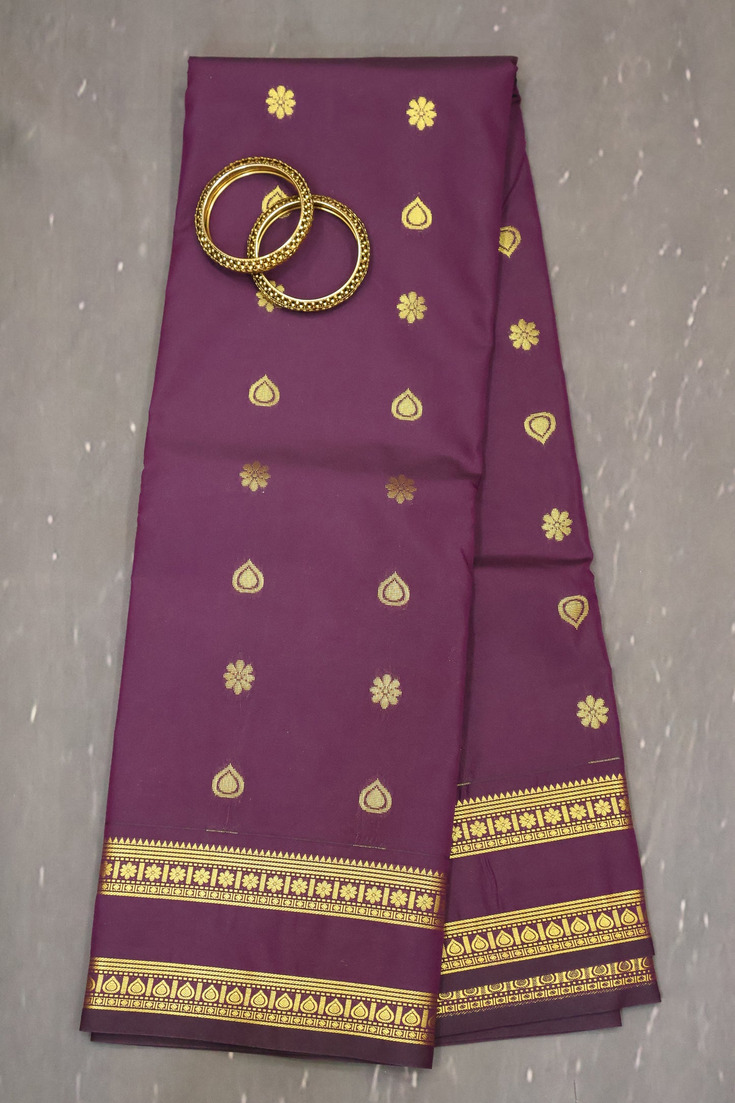 Semi Kanchipuram Silk Saree -Dark Purple Leaf Buta
