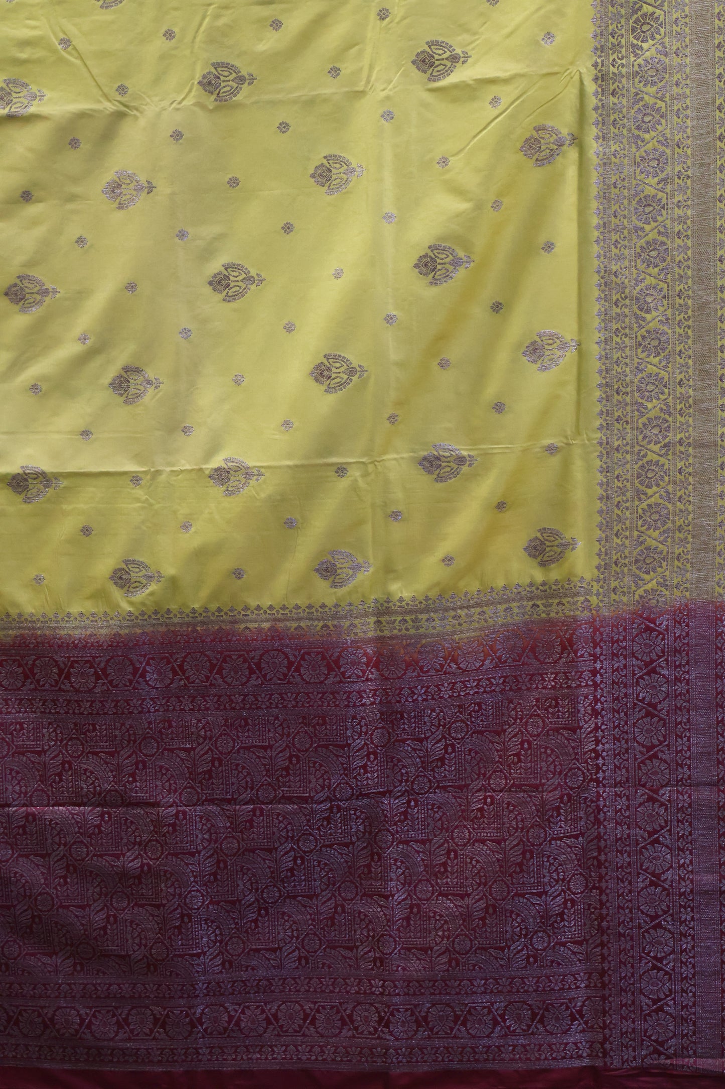 Soft Tussar Saree-Lime Yellow Creeper Flower Design