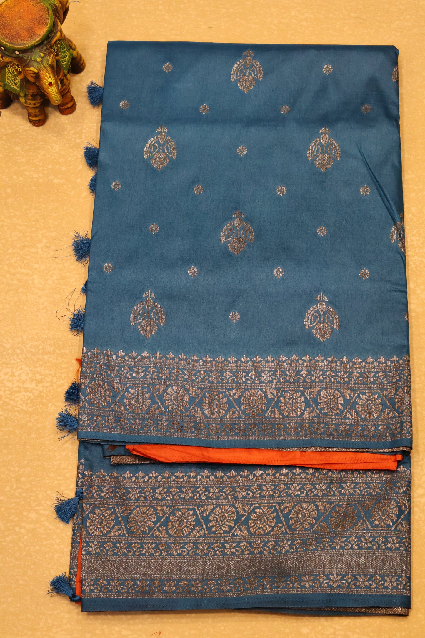 Soft Tussar Saree-Peacock Blue Flower Design