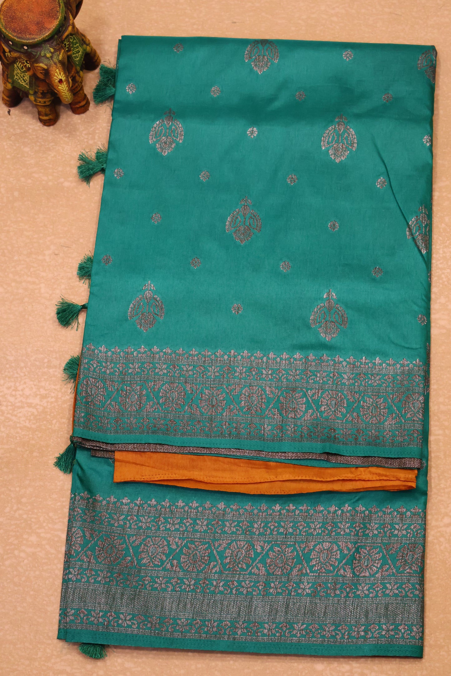 Soft Tussar Saree-Dark Sea Green Flower Design