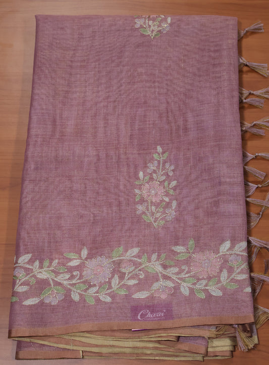 Tissue Linen Saree-Dusky Rose Floral Print