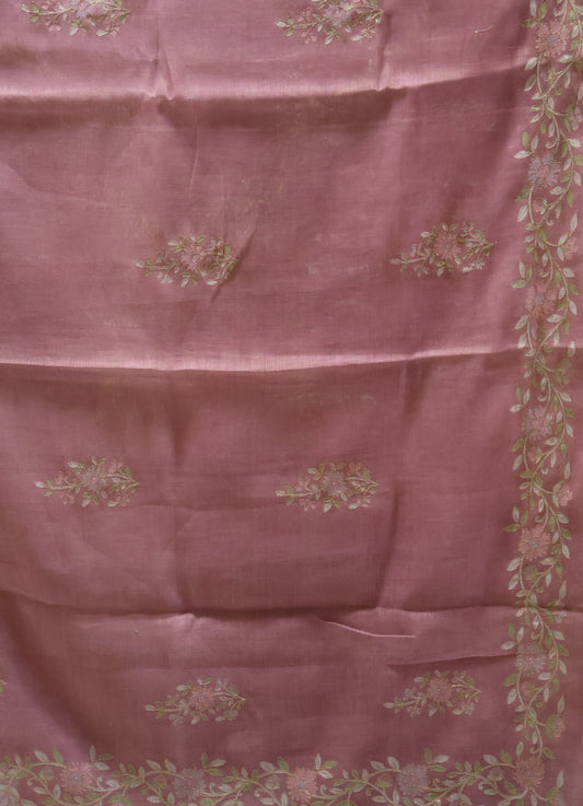 Tissue Linen Saree-Dusky Rose Floral Print