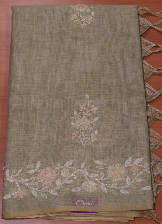 Tissue Linen Saree-Olive Green Floral Print