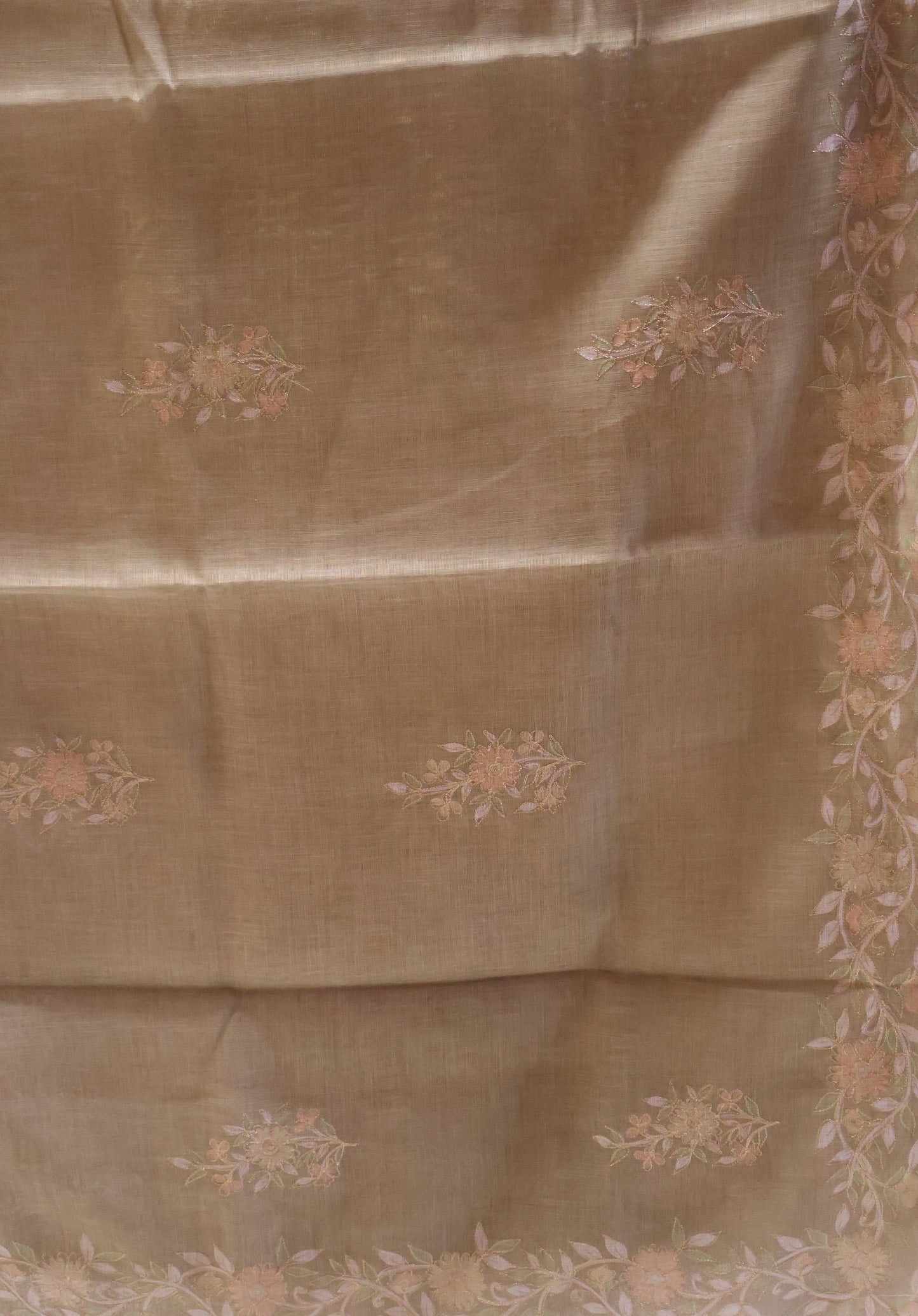 Tissue Linen Saree-Olive Green Floral Print