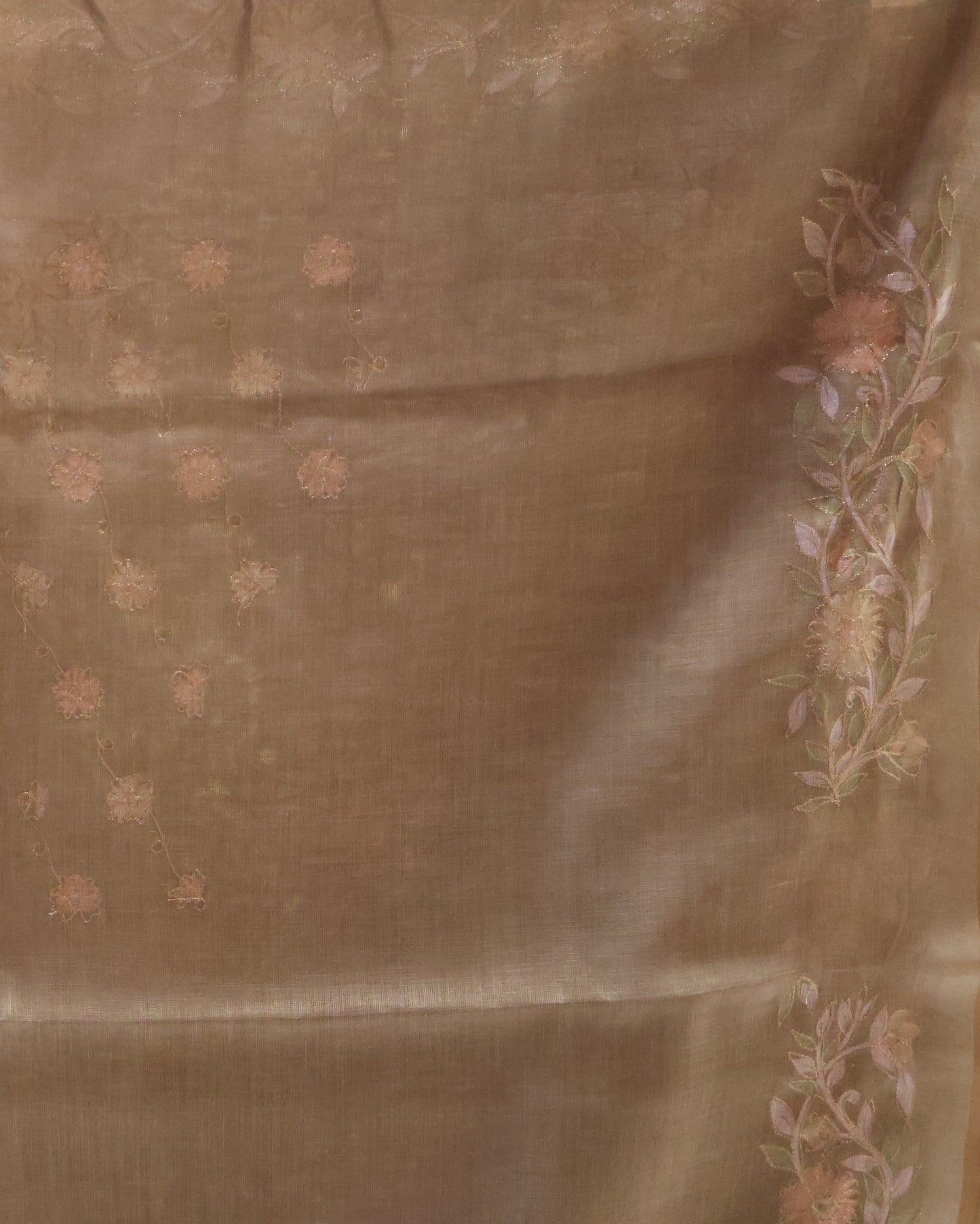 Tissue Linen Saree-Olive Green Floral Print