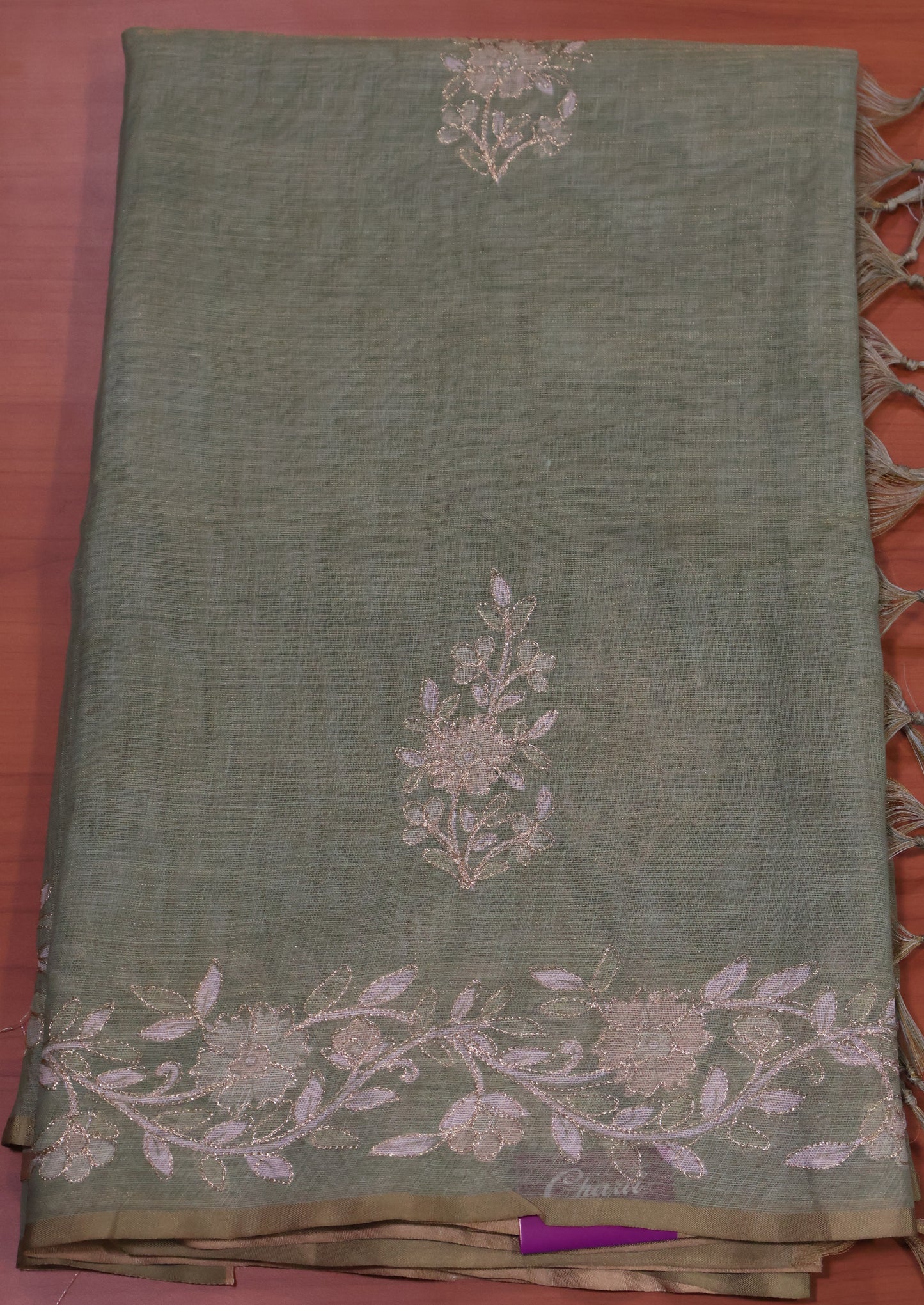 Tissue Linen Saree-Lite Green Floral Print