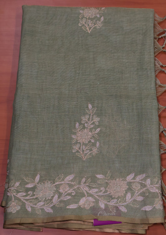 Tissue Linen Saree-Lite Green Floral Print