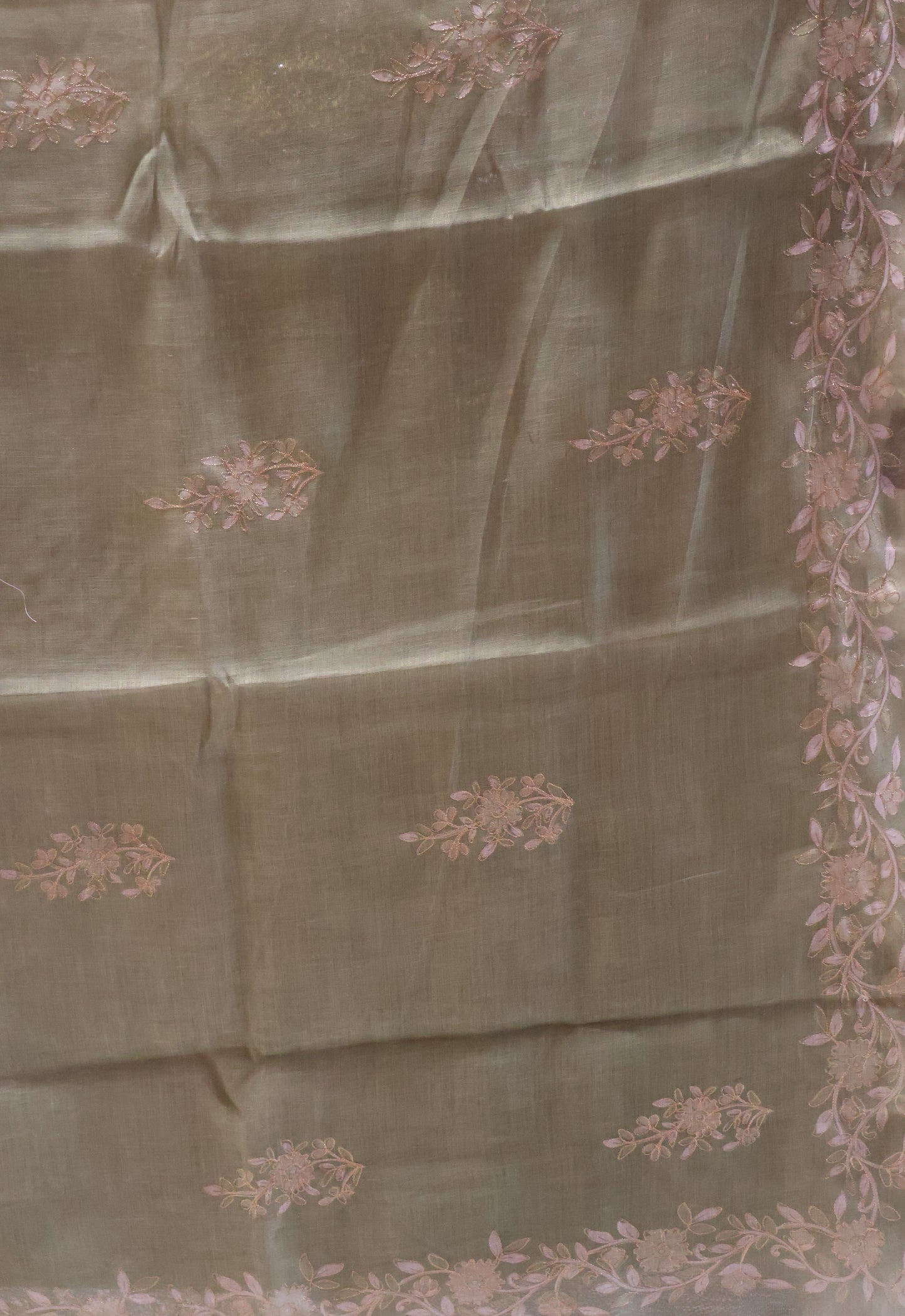 Tissue Linen Saree-Lite Green Floral Print