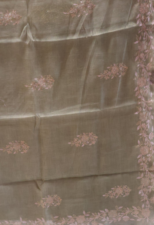 Tissue Linen Saree-Lite Green Floral Print