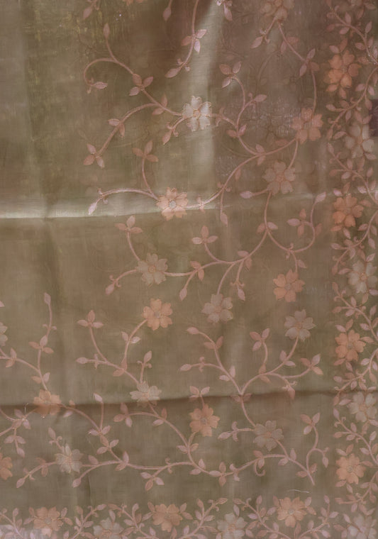 Tissue Linen Saree-Lite Green Vineyard Floral Print