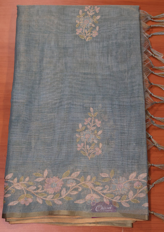 Tissue Linen Saree-Sea Blue Floral Print
