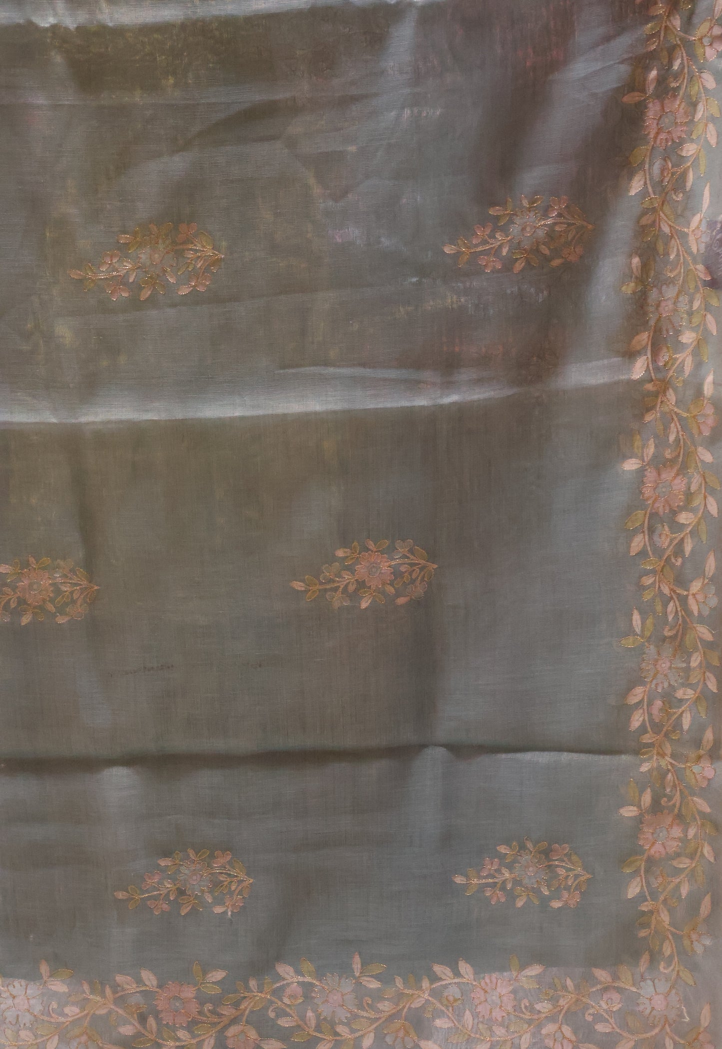 Tissue Linen Saree-Sea Blue Floral Print