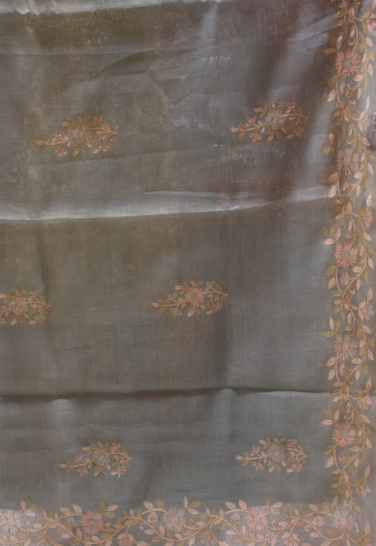 Tissue Linen Saree-Sea Blue Floral Print