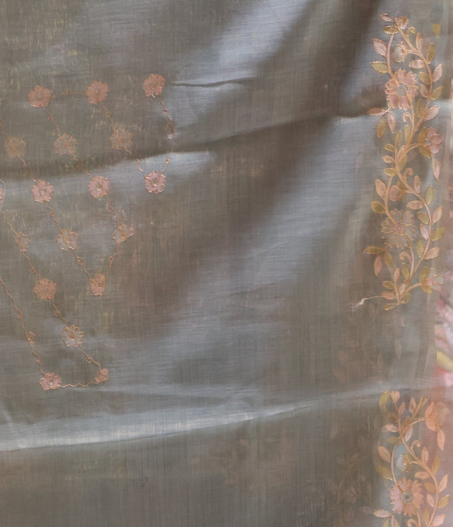 Tissue Linen Saree-Sea Blue Floral Print