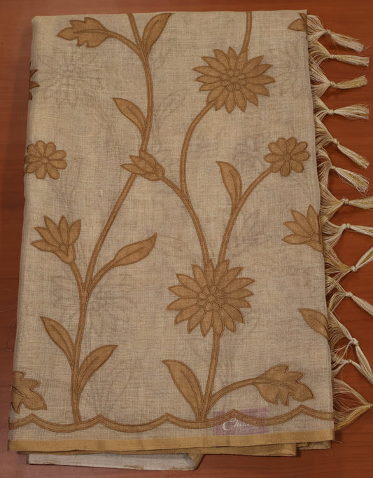 Tissue Linen Saree-Sandal Brown Sunflower Print