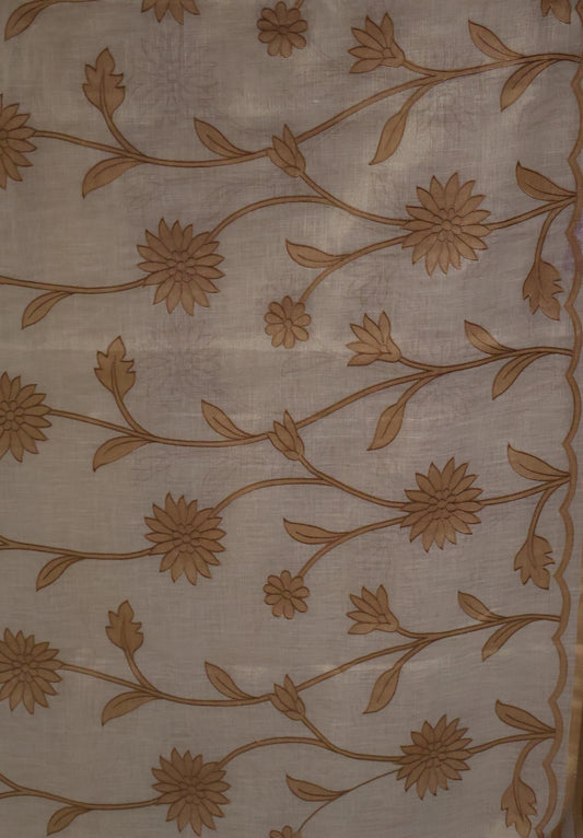 Tissue Linen Saree-Sandal Brown Sunflower Print