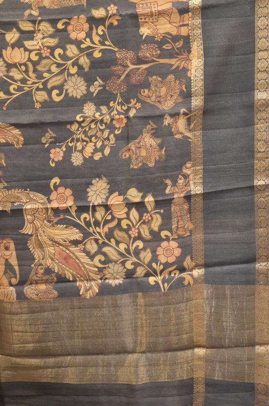 Pure Tussar Saree -Black Round Flower