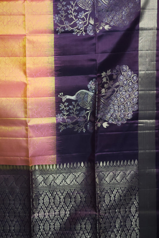 Pure Kanjivaram Saree -Peach Peacock Zari