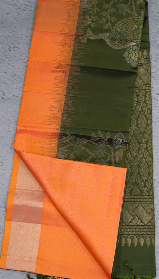 Pure Kanjivaram Saree - Peach Pink Peacock Zari