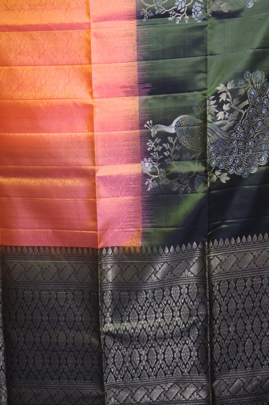 Pure Kanjivaram Saree - Peach Pink Peacock Zari