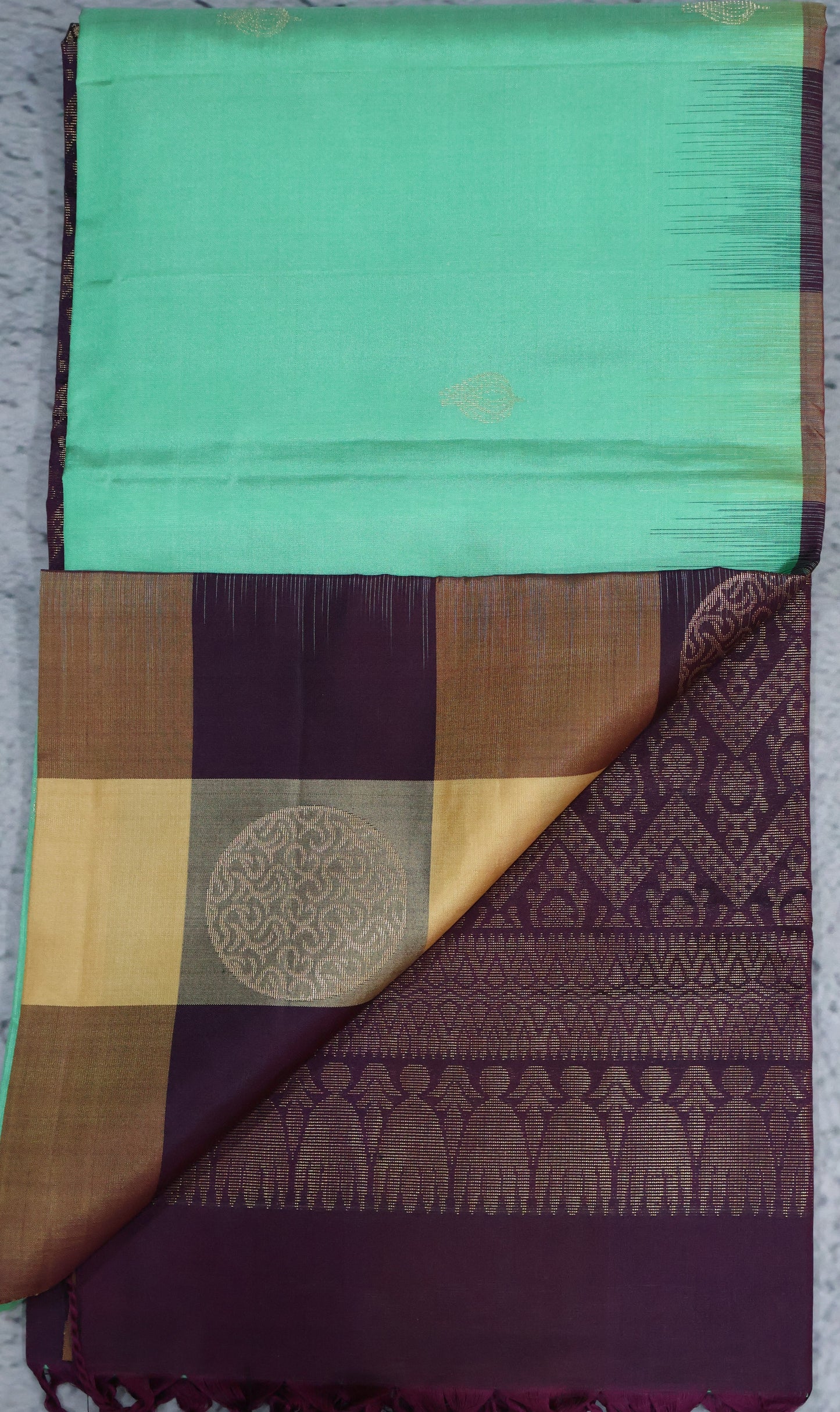 Pure Kanjivaram Saree - Teal Green Checks