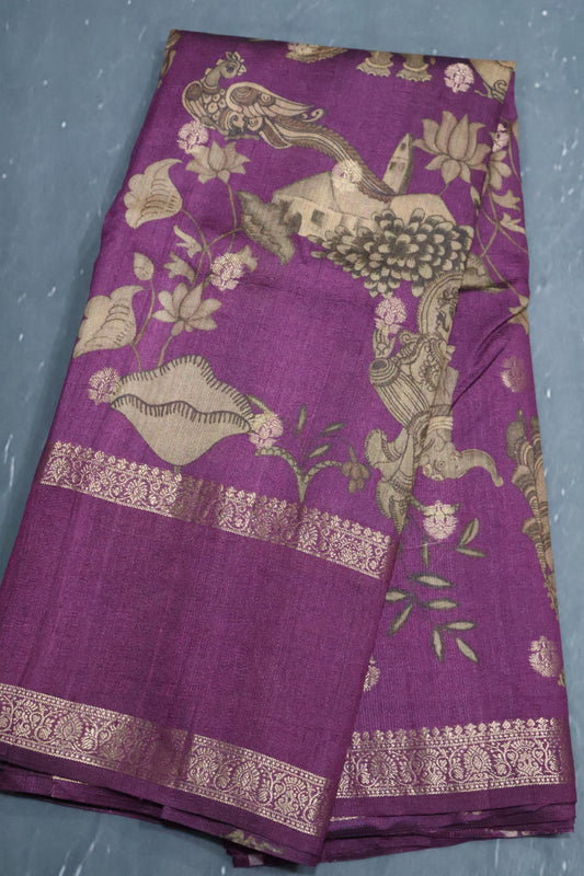 Pure Tussar Saree -Wine Elephant Print