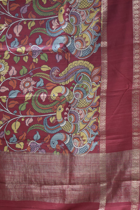Pure Tussar Saree -Maroon Kalamkari Border