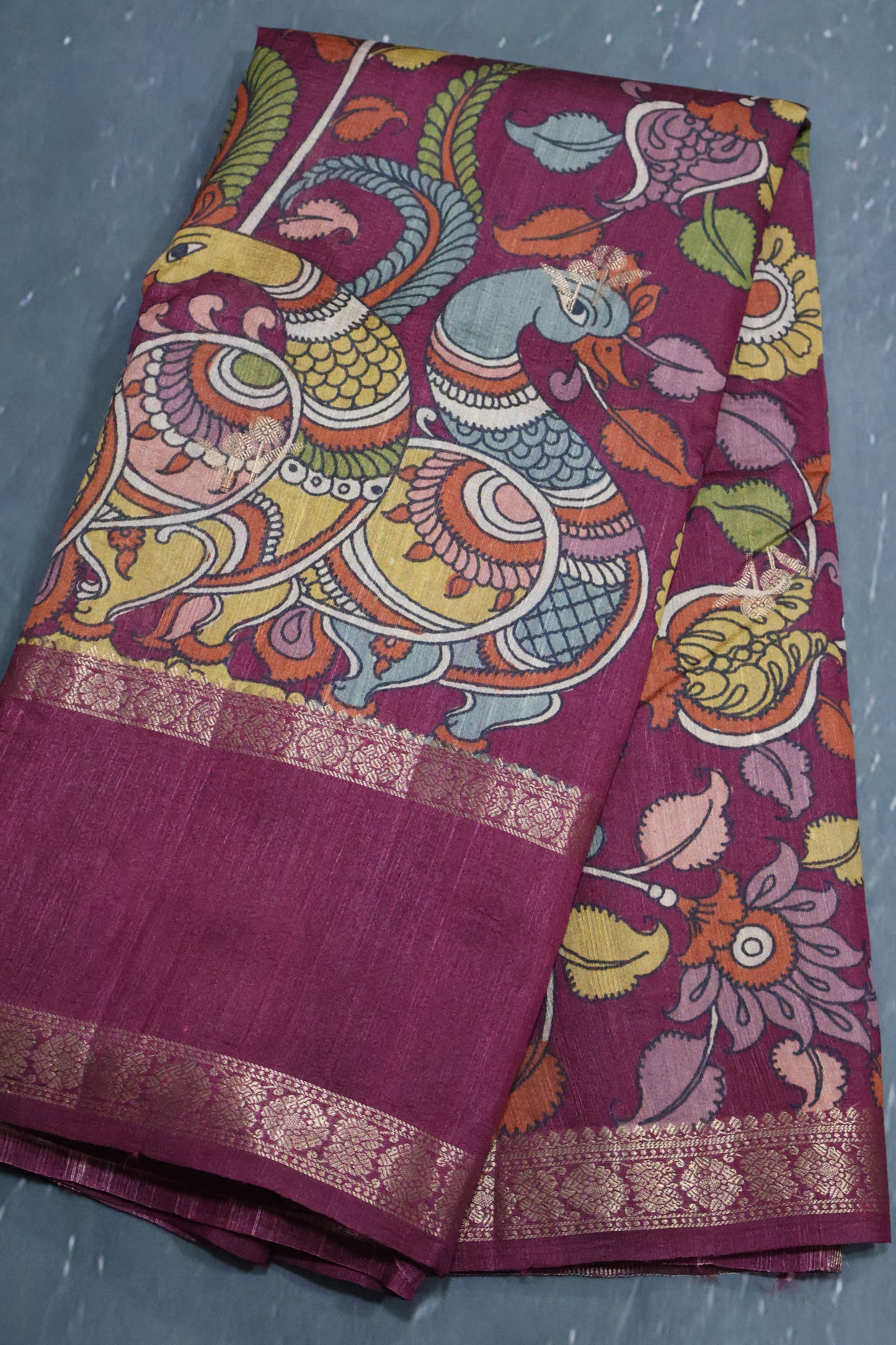 Pure Tussar Saree -Magenta Kalamkari Border