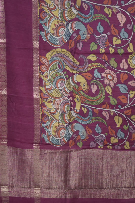 Pure Tussar Saree -Magenta Kalamkari Border