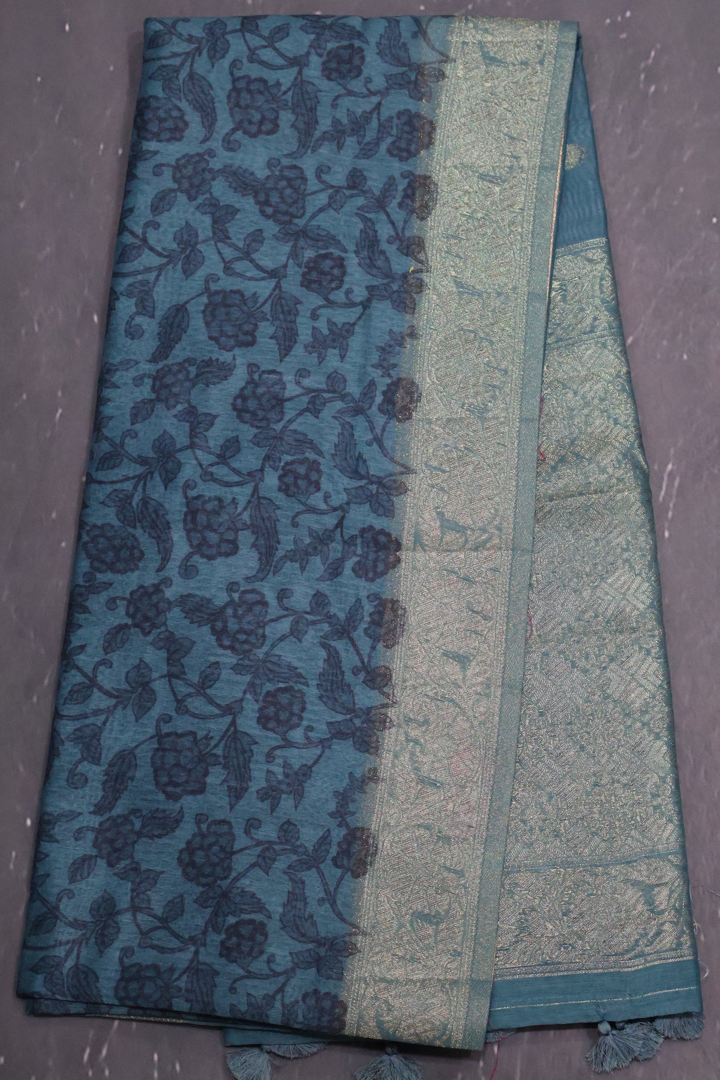 Banarasi Chanderi Saree-Blue Leafy Flower Design